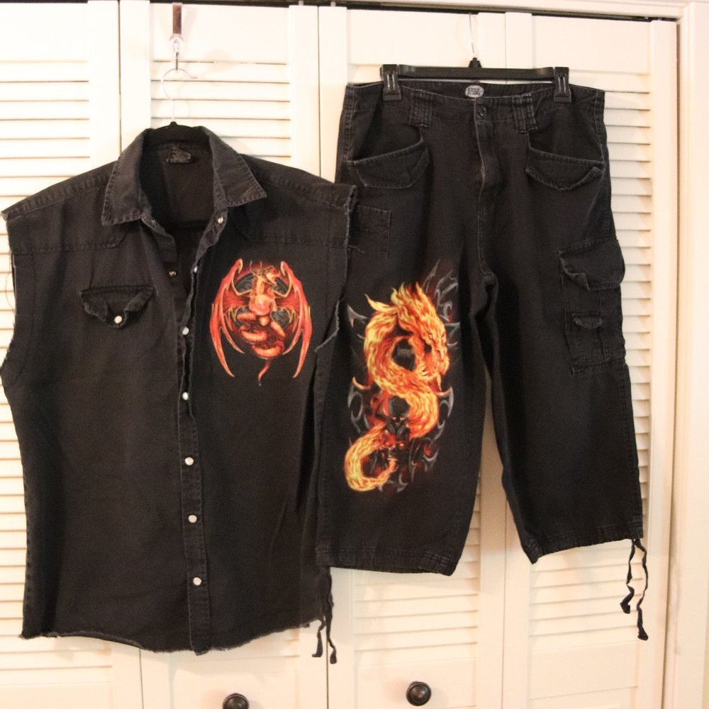 Dragons galore !!! Mens shirt  XL and pants M  cutoff  dragon design and black